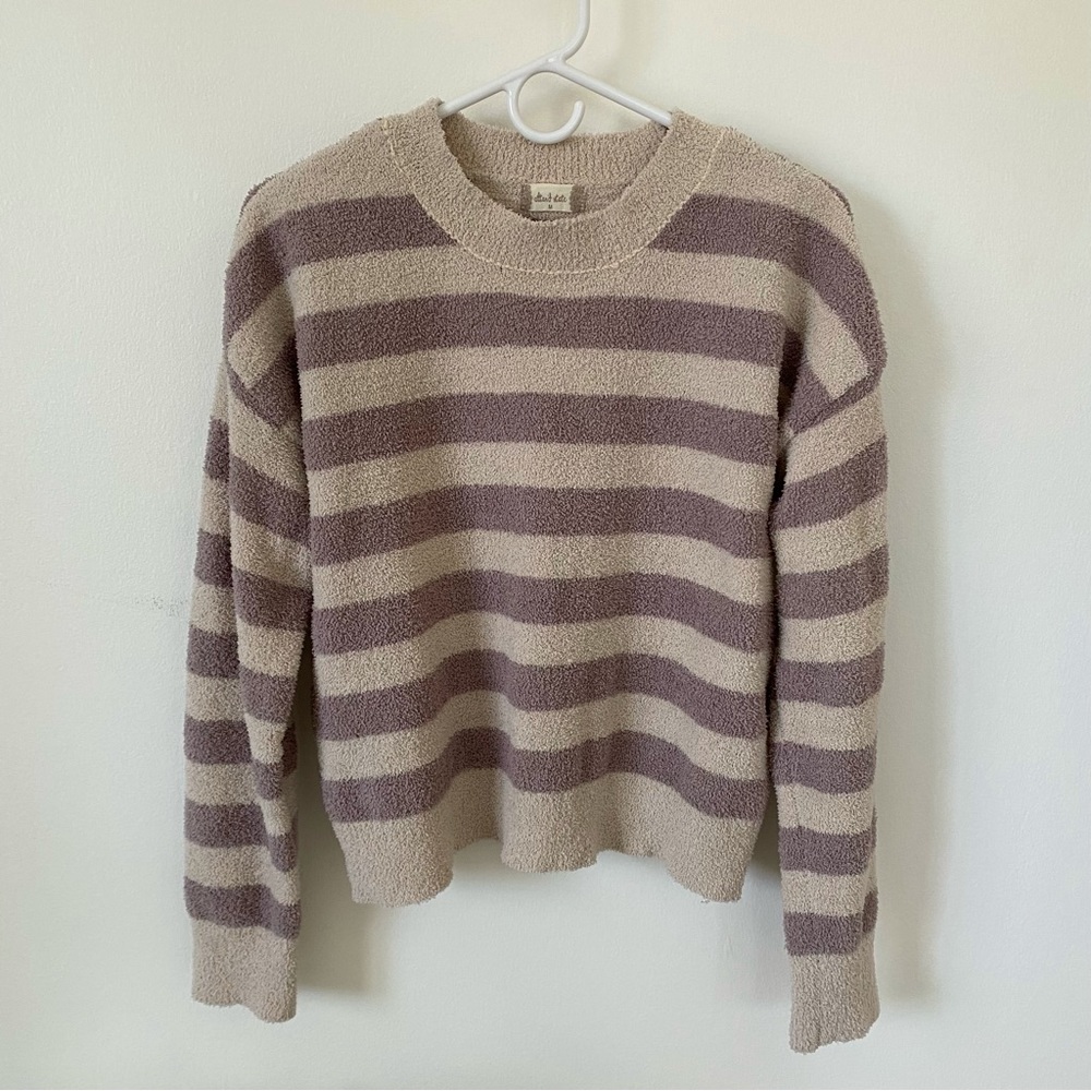 Lilac and tan striped sweater, super cute, fuzzy & comfy, just not my style